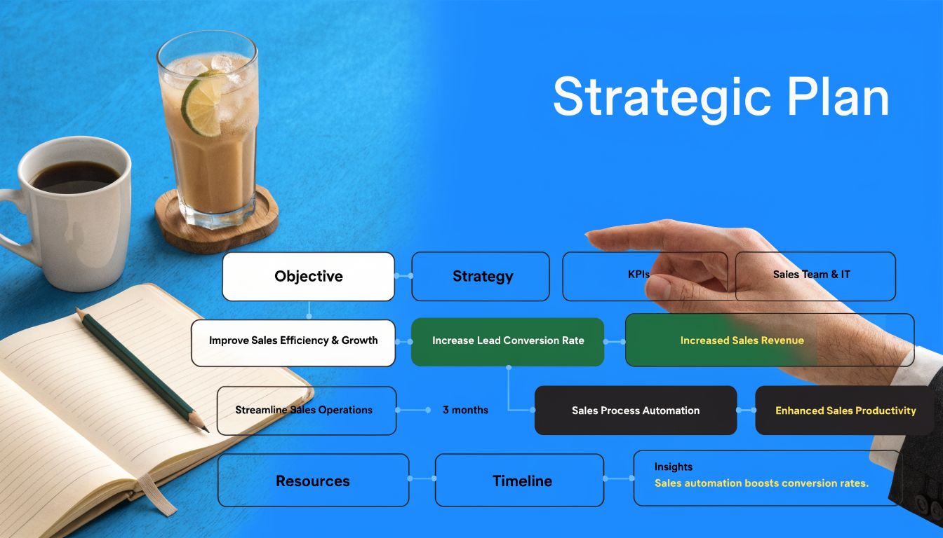 A strategic business plan infographic displayed on a desk with a coffee mug, notebook, and a hand pointing.