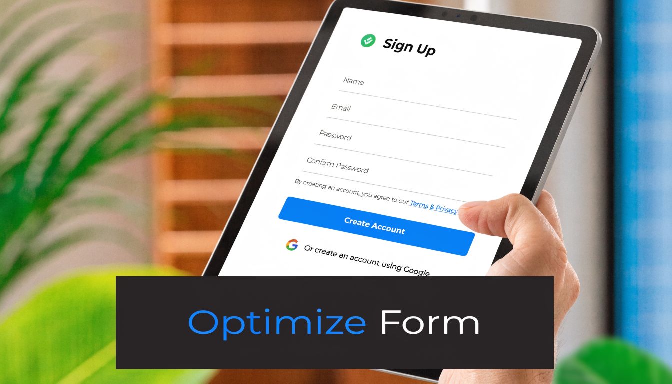 A hand holding a tablet displaying a sign up form page for a webinar registration process.