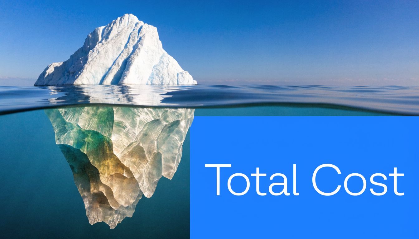 An iceberg floating in the ocean representing the concept of hidden total costs beneath the surface.
