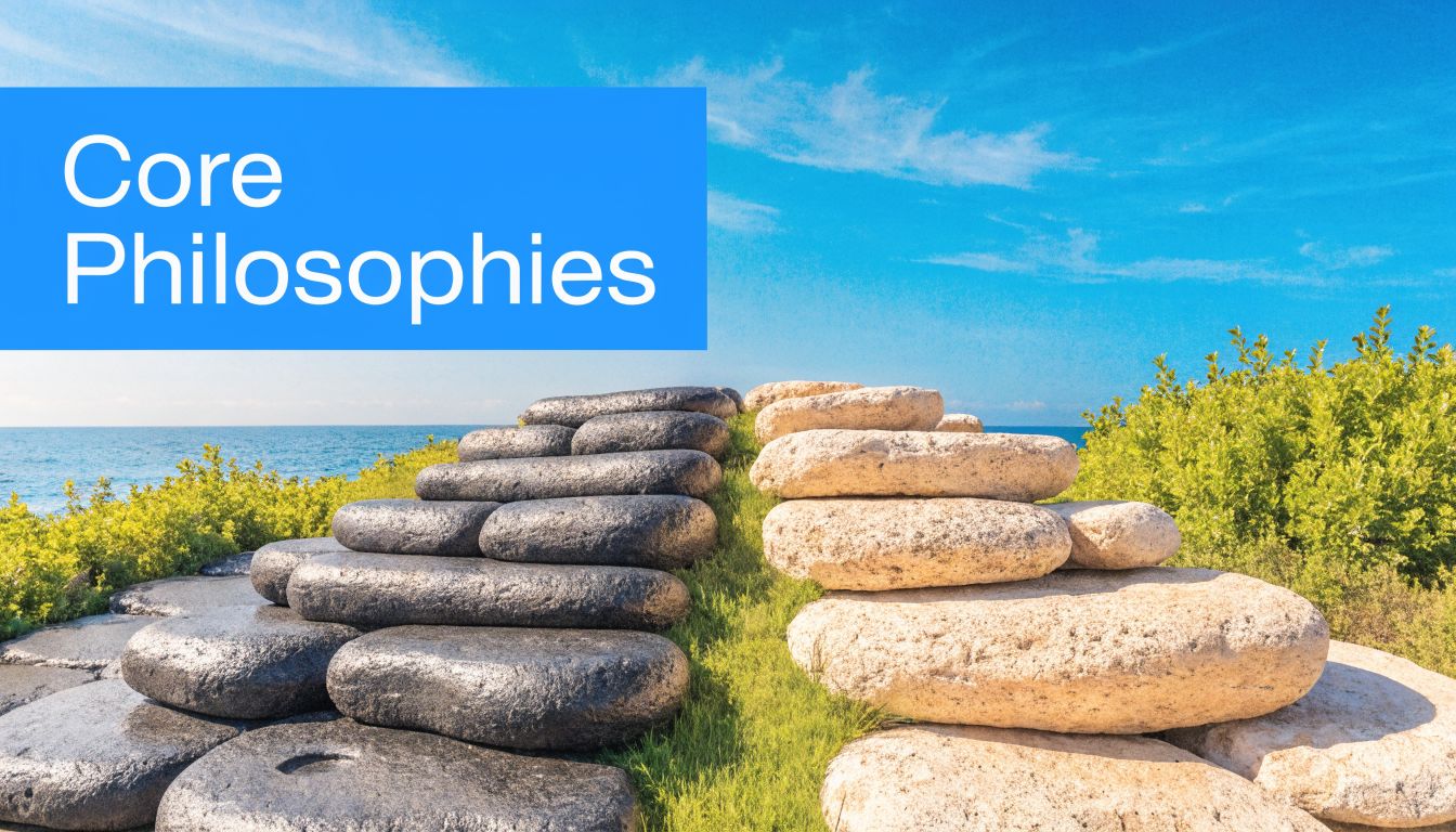 A path of dark and light stones symbolizing the concept of core philosophies and balanced decision making.