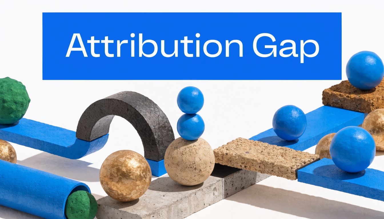 Abstract geometric arrangement of blue, gold, and textured spheres and blocks representing the attribution gap concept.
