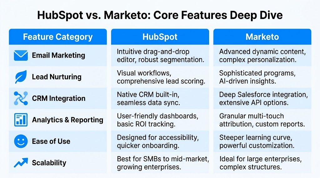 A comparison chart outlining key differences between HubSpot and Marketo across various marketing software feature categories.