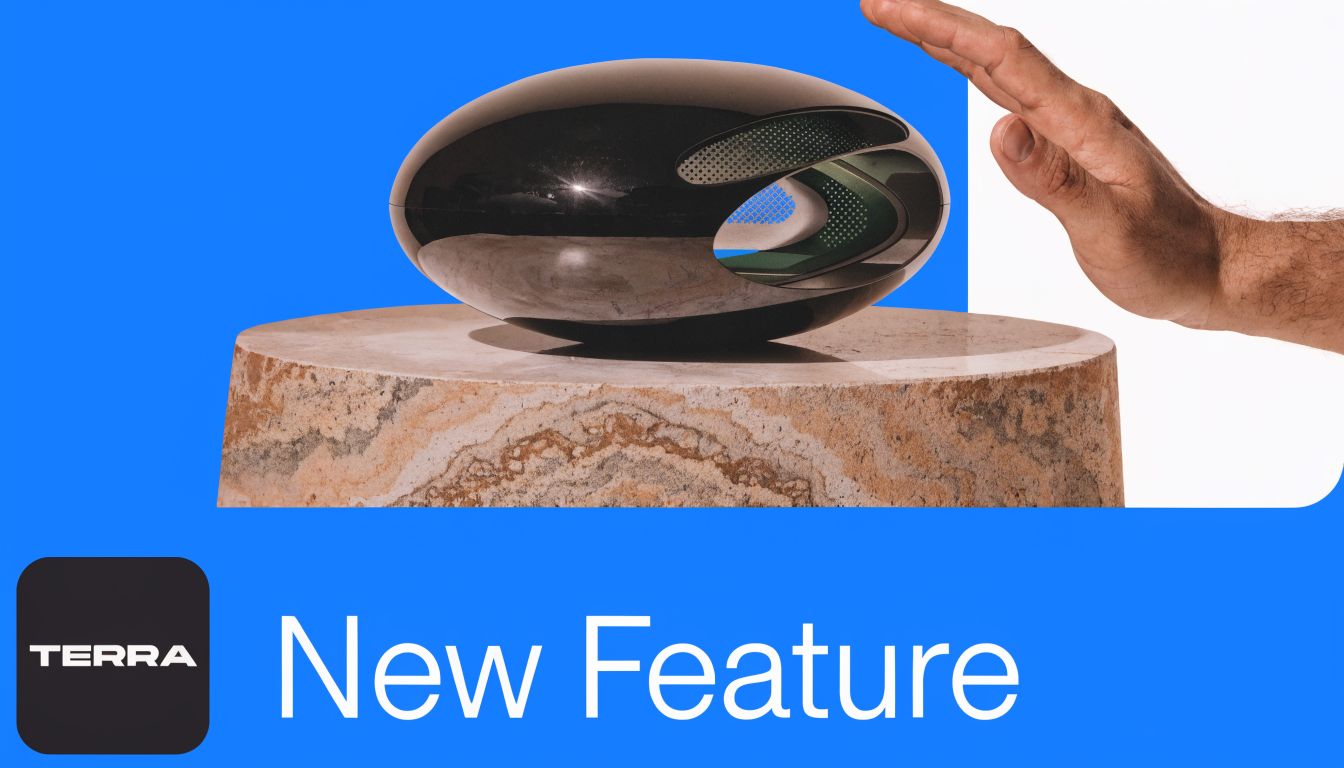 A sleek, black, oval-shaped smart speaker sits on a stone pedestal while a hand gestures nearby.