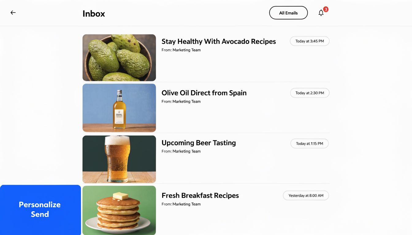 A digital inbox interface display showcasing a list of marketing emails featuring various food and beverage images.