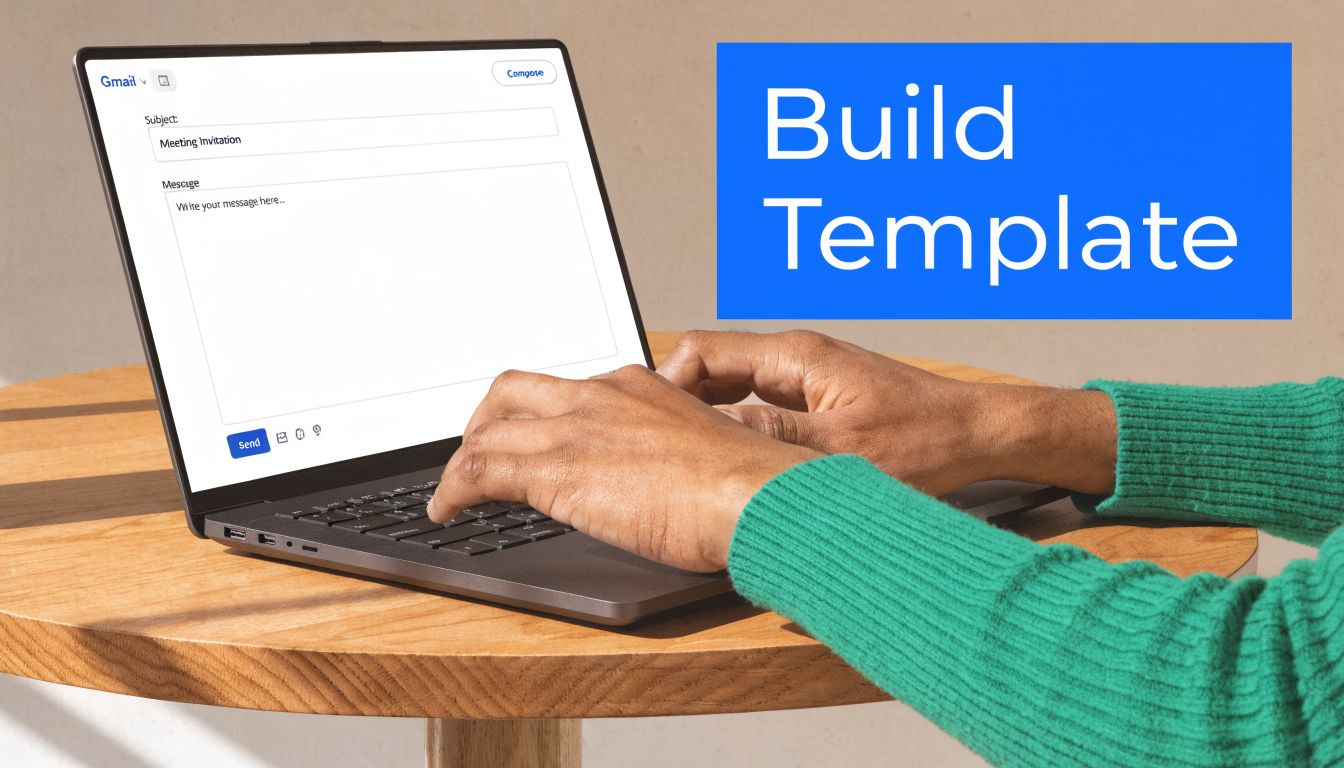 A person wearing a green sweater typing a meeting invitation email on a laptop screen.
