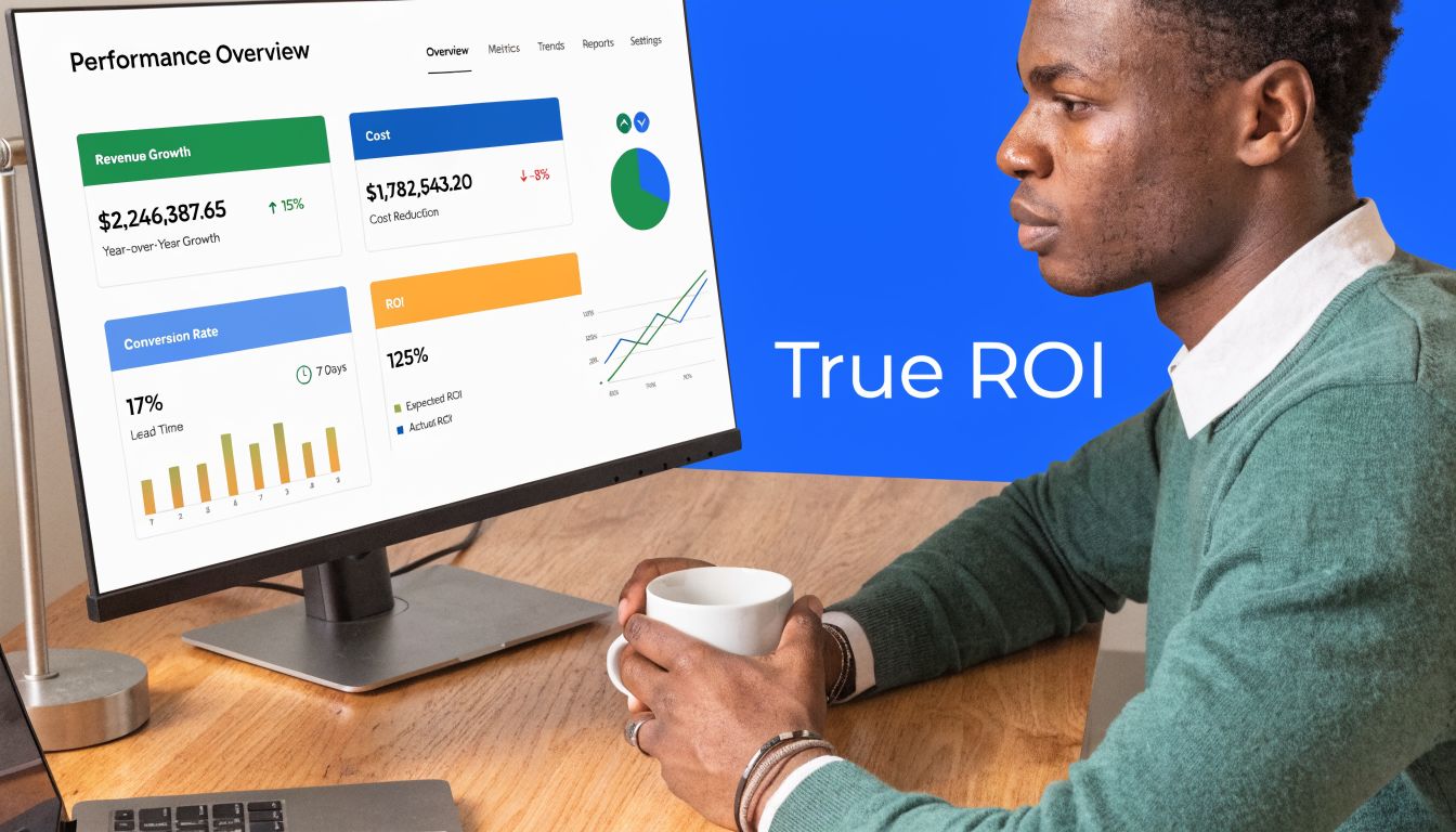 A man viewing a performance dashboard on a computer monitor with various business analytics charts displayed.