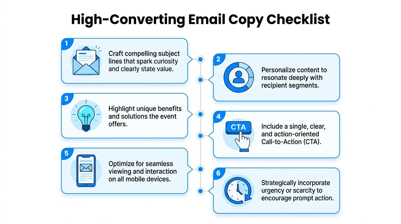 A six-point infographic checklist for creating high-converting event marketing emails to improve audience engagement.