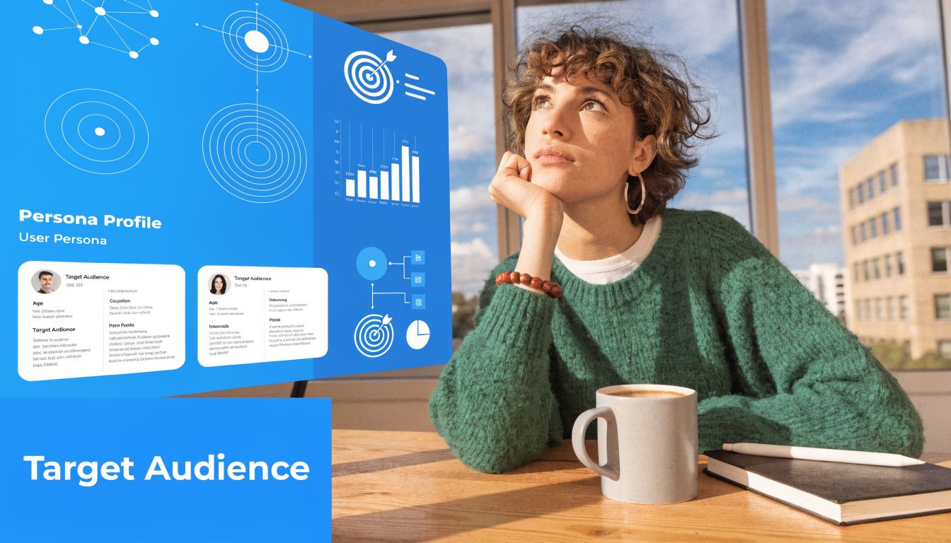 A creative professional thoughtfully analyzing target audience personas displayed on a screen for event marketing emails.