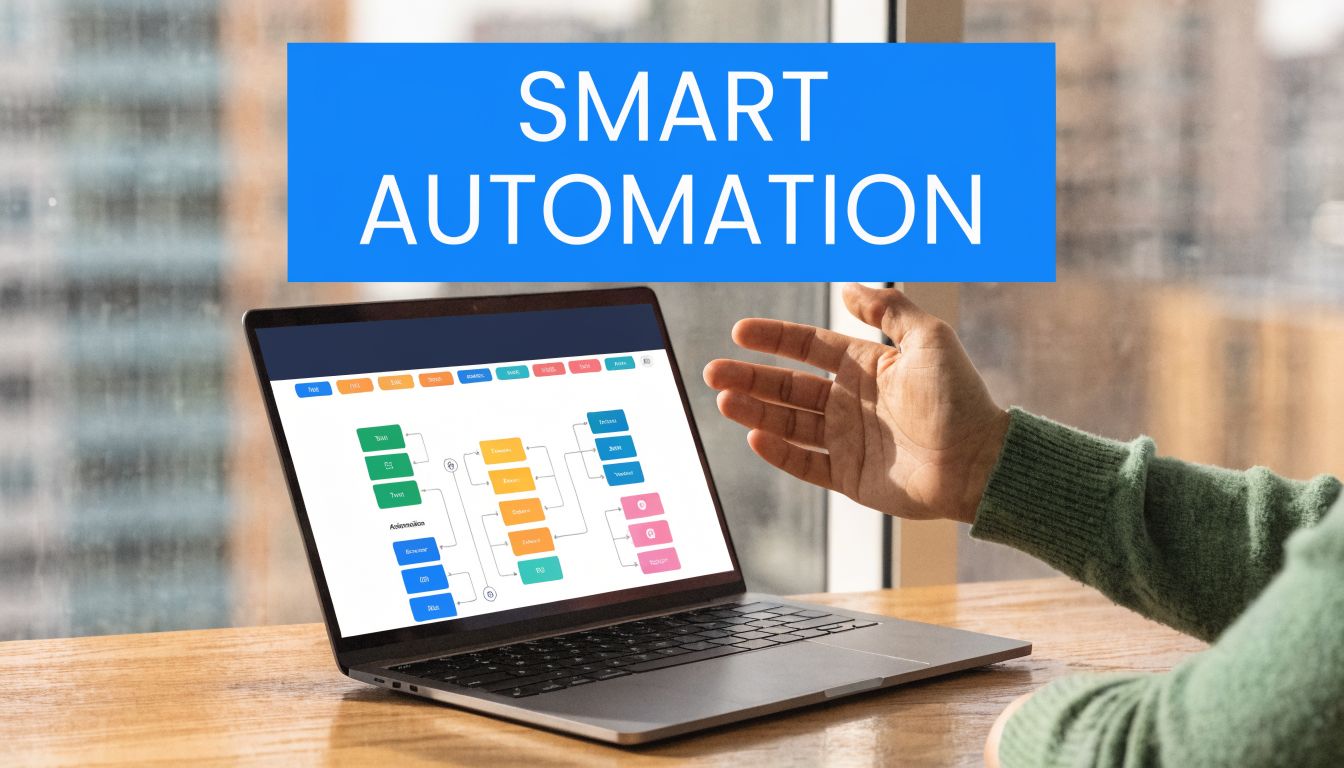 A person gesturing towards a laptop screen displaying a business process flow chart for smart automation strategies.