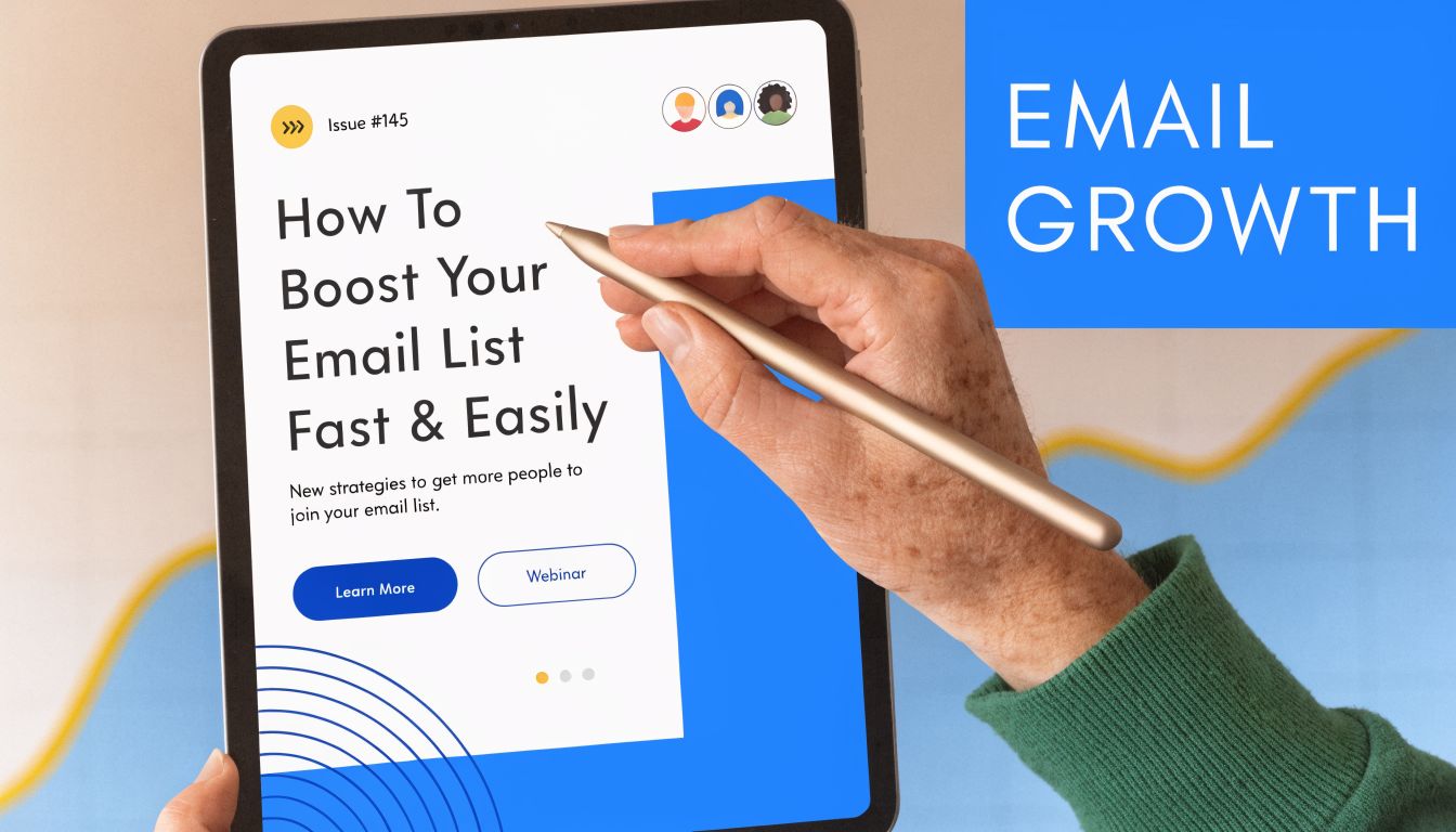A person holds a tablet displaying a marketing article titled How to Boost Your Email List Fast.