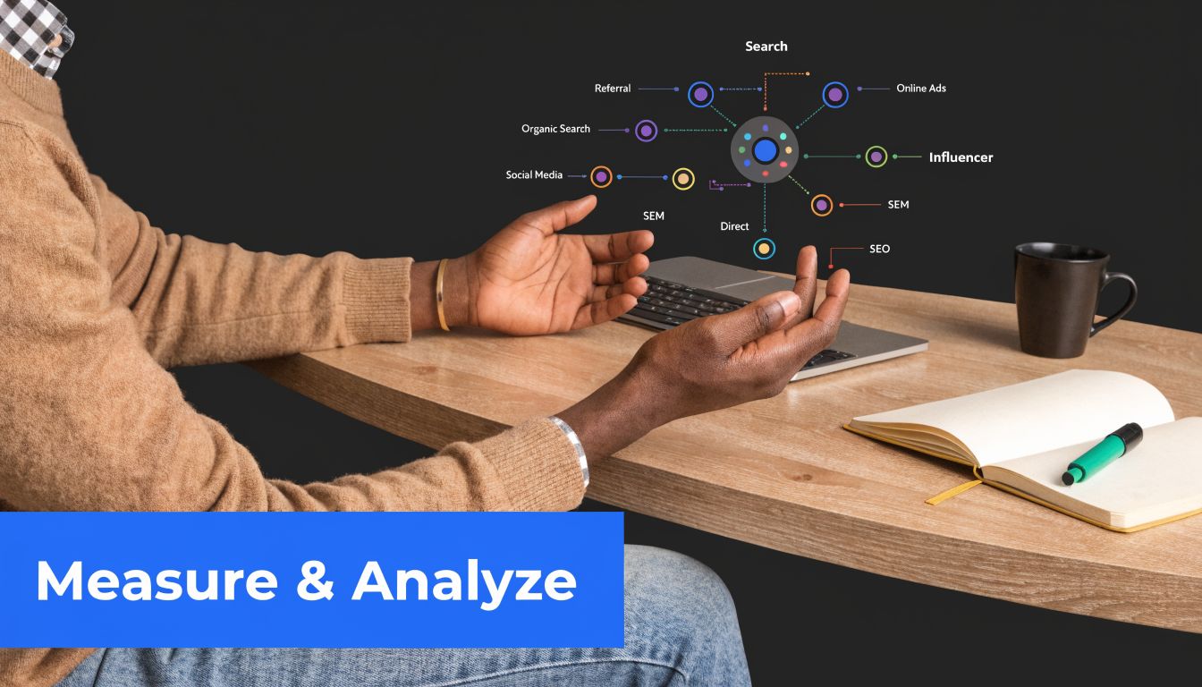 A professional analyzing a digital marketing strategy chart illustrating various traffic sources above a desk.