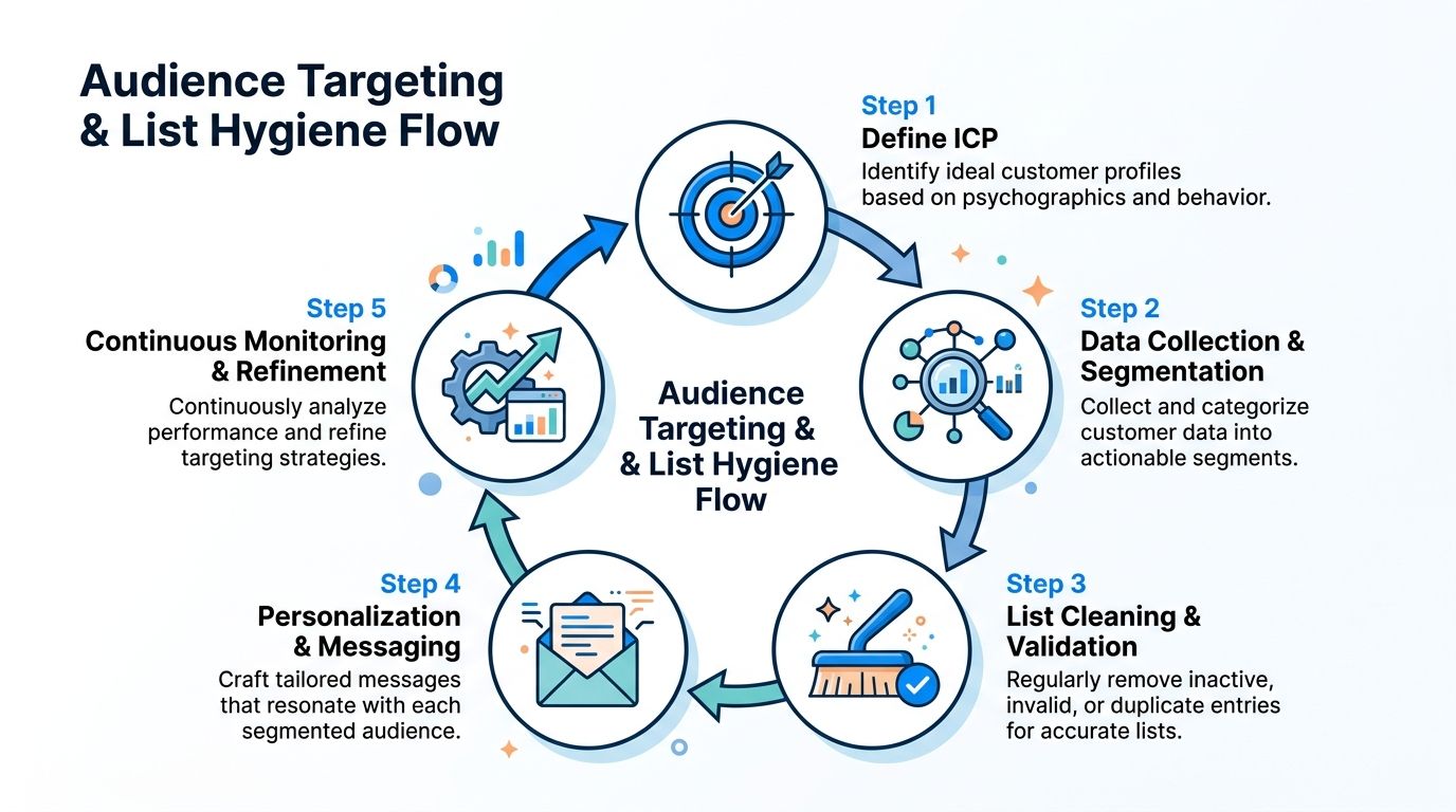 A circular flowchart illustrating the five steps of an audience targeting and list hygiene optimization process.