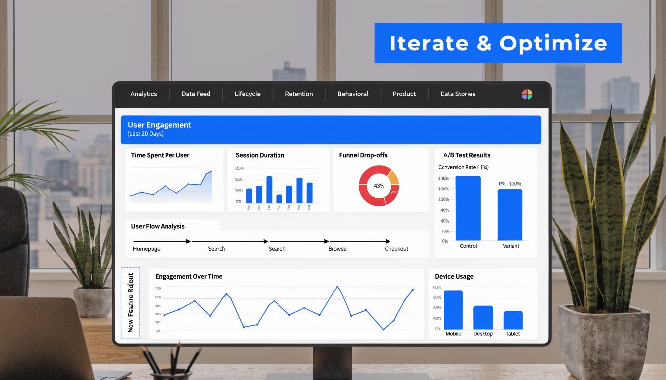 A computer monitor displaying a comprehensive analytics dashboard with various charts tracking user engagement and website performance metrics.