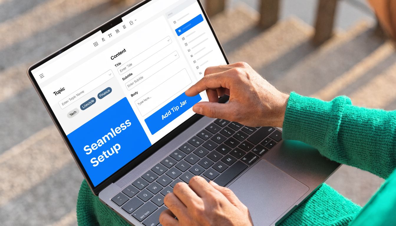 A person using a laptop to design a digital tip jar interface for an online content platform.