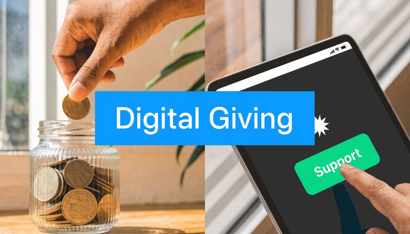 A split image showing a hand placing a coin in a jar and a hand tapping digital support.