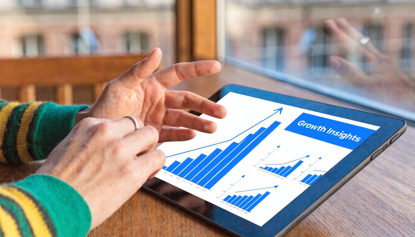 A person using a tablet to analyze business growth charts and data visualization metrics on screen.