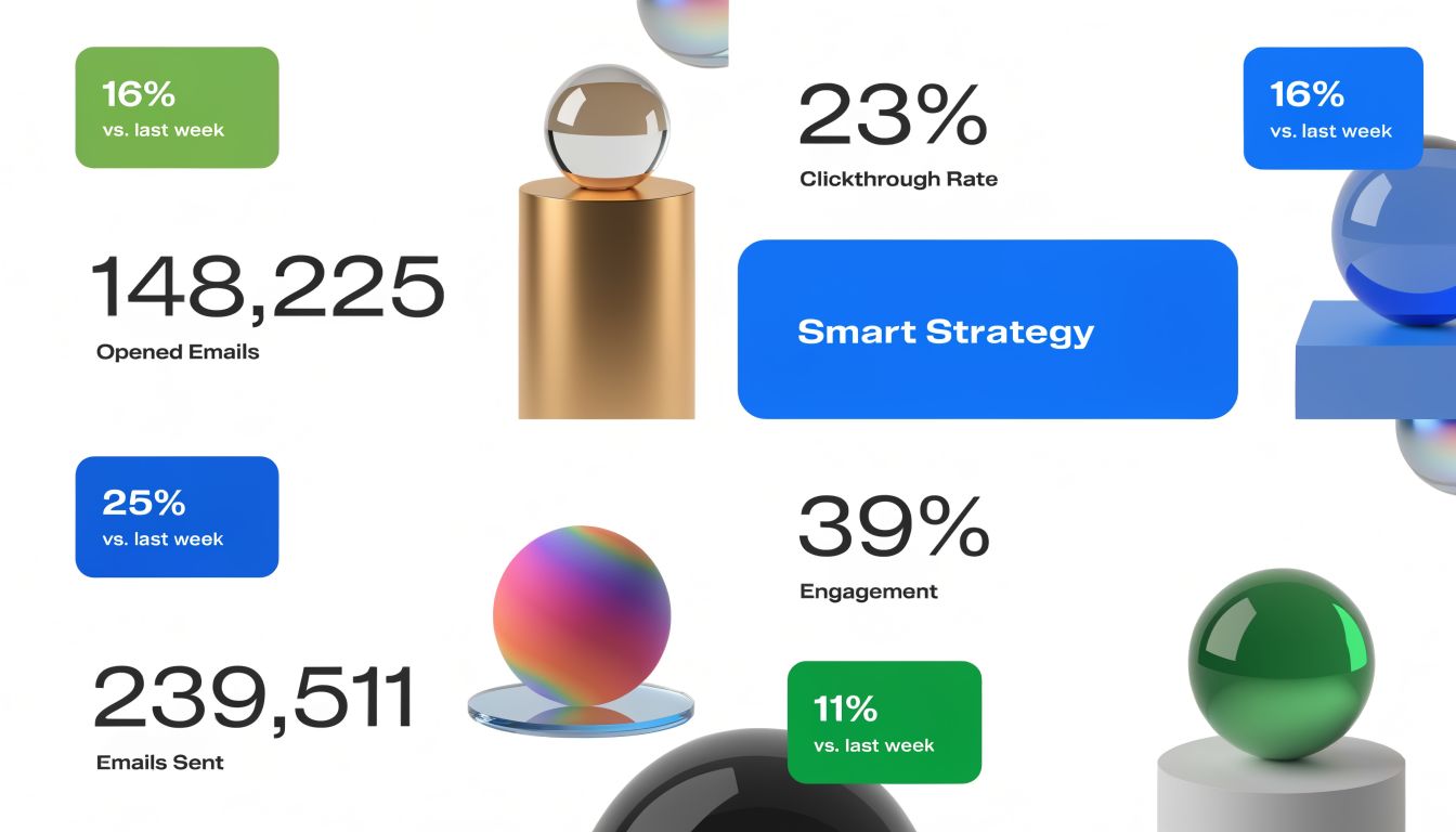 A digital dashboard displaying email marketing metrics including opened emails, clickthrough rate, engagement, and emails sent.