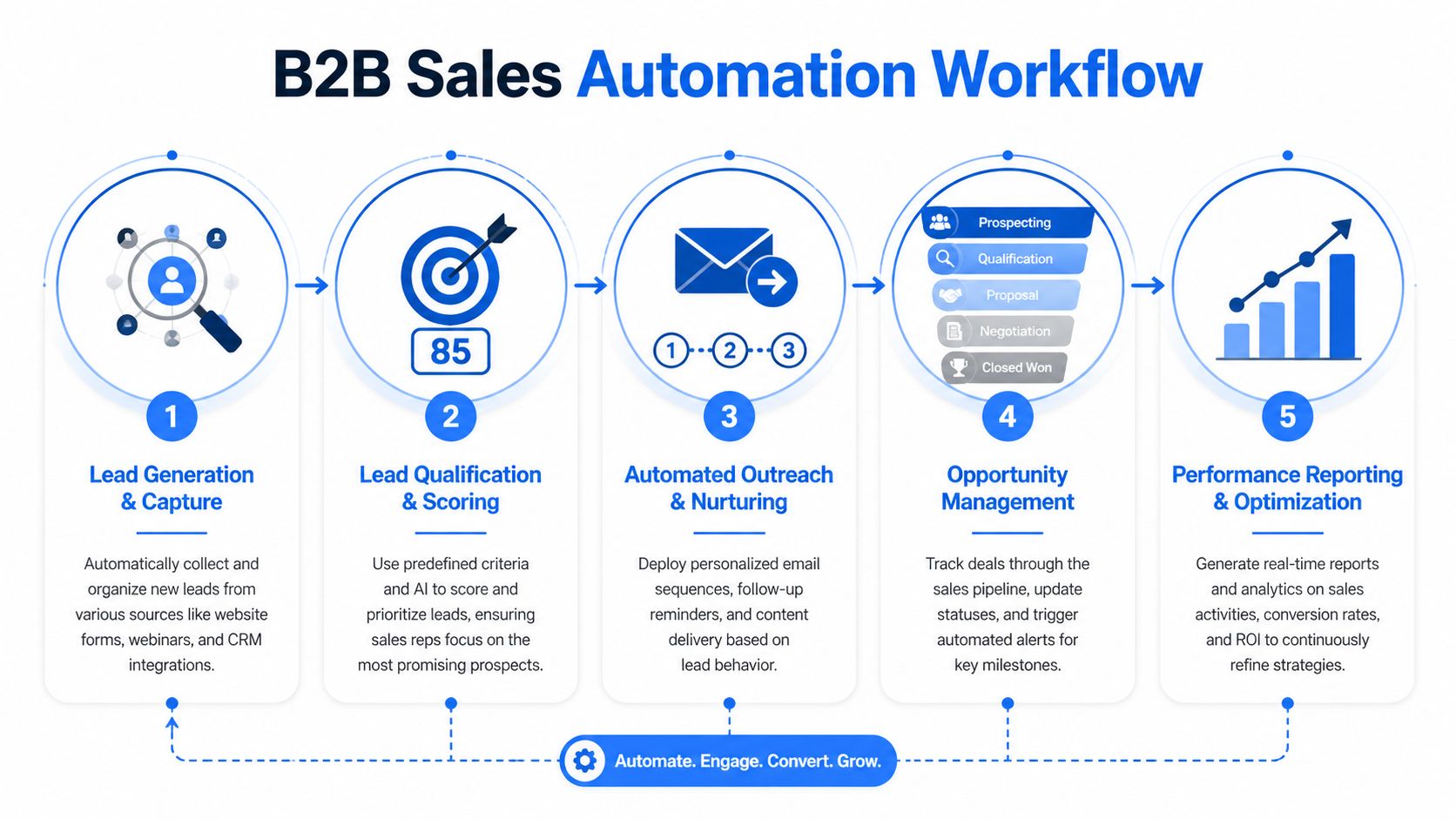 A five-step B2B sales automation workflow infographic illustrating the process from lead generation to performance reporting.