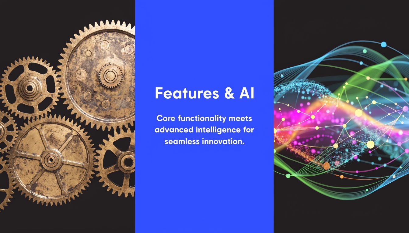 A split composition featuring mechanical gears on the left and a digital AI network visualization on the right.