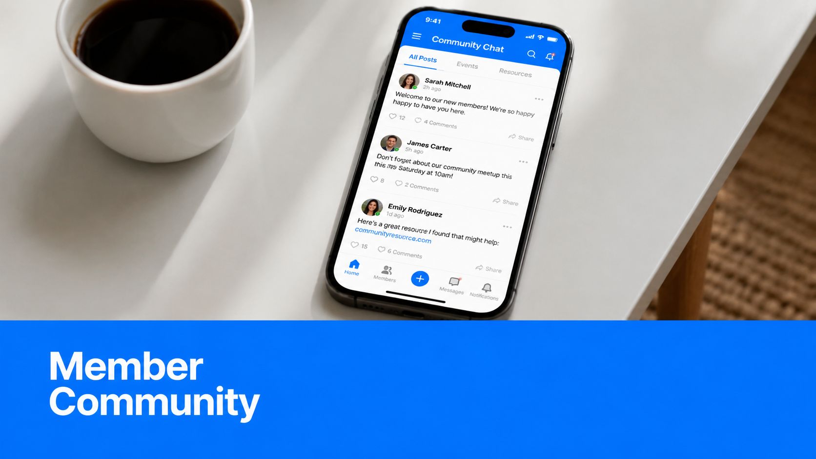 A smartphone displays a community chat app interface on a white desk next to a coffee cup.