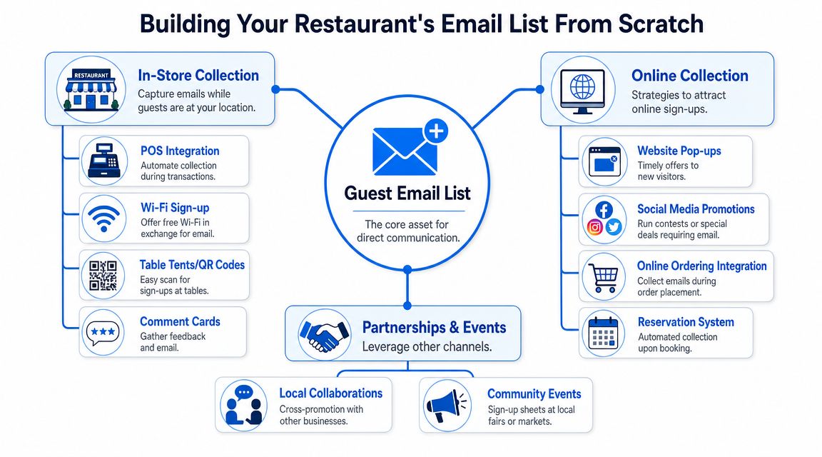 A diagram outlining strategies to build a restaurant guest email list through store, online, and event channels.