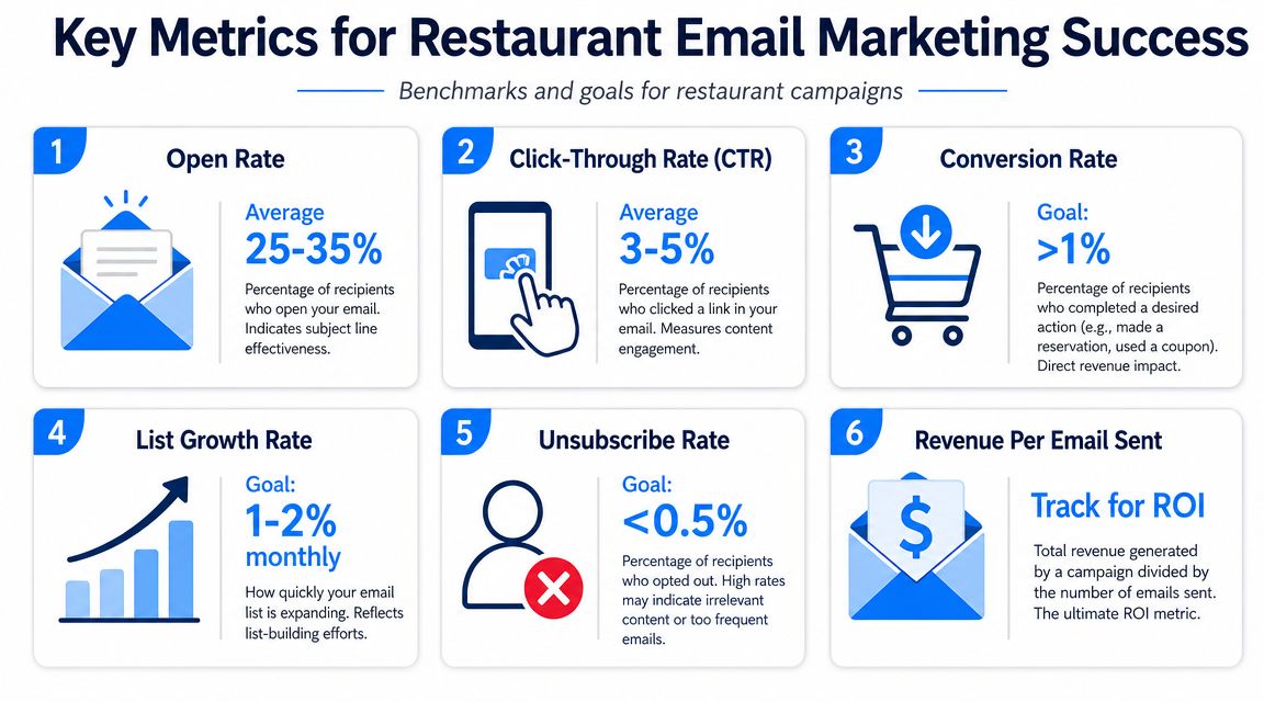 An infographic detailing six essential metrics and benchmarks for tracking success in restaurant email marketing campaigns.