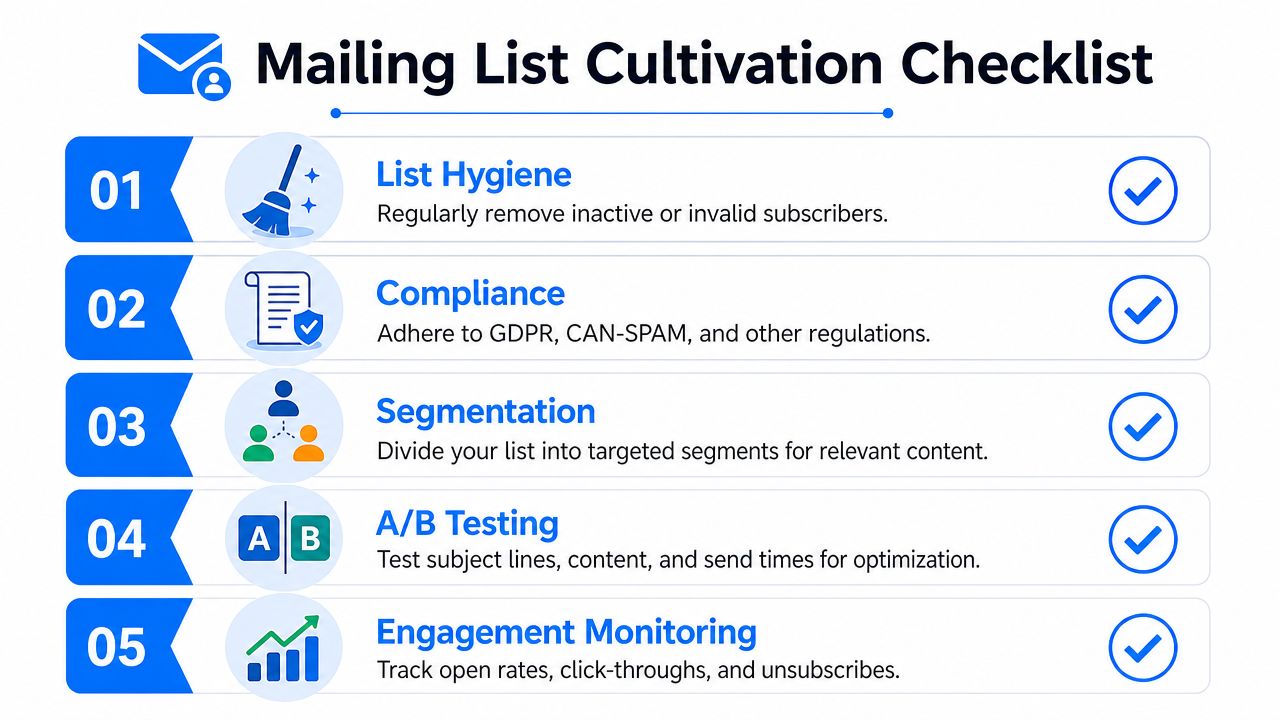 A five-point checklist for mailing list cultivation featuring essential email marketing best practices and strategies.