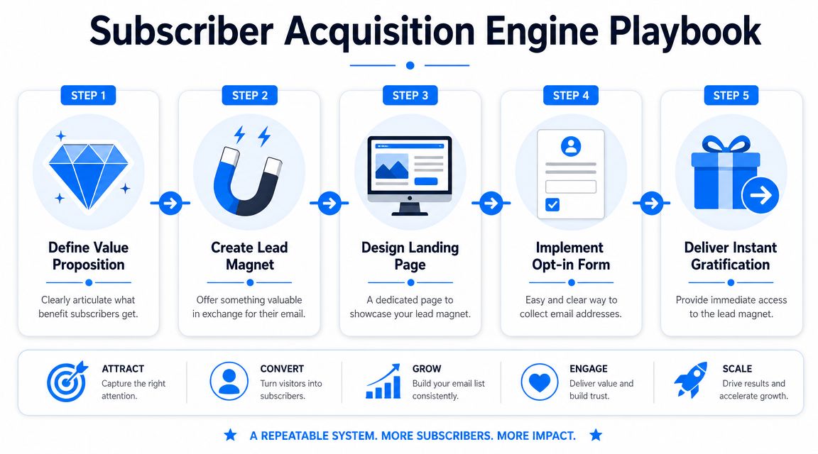 A five-step infographic detailing the process for building a subscriber acquisition engine for email marketing growth.