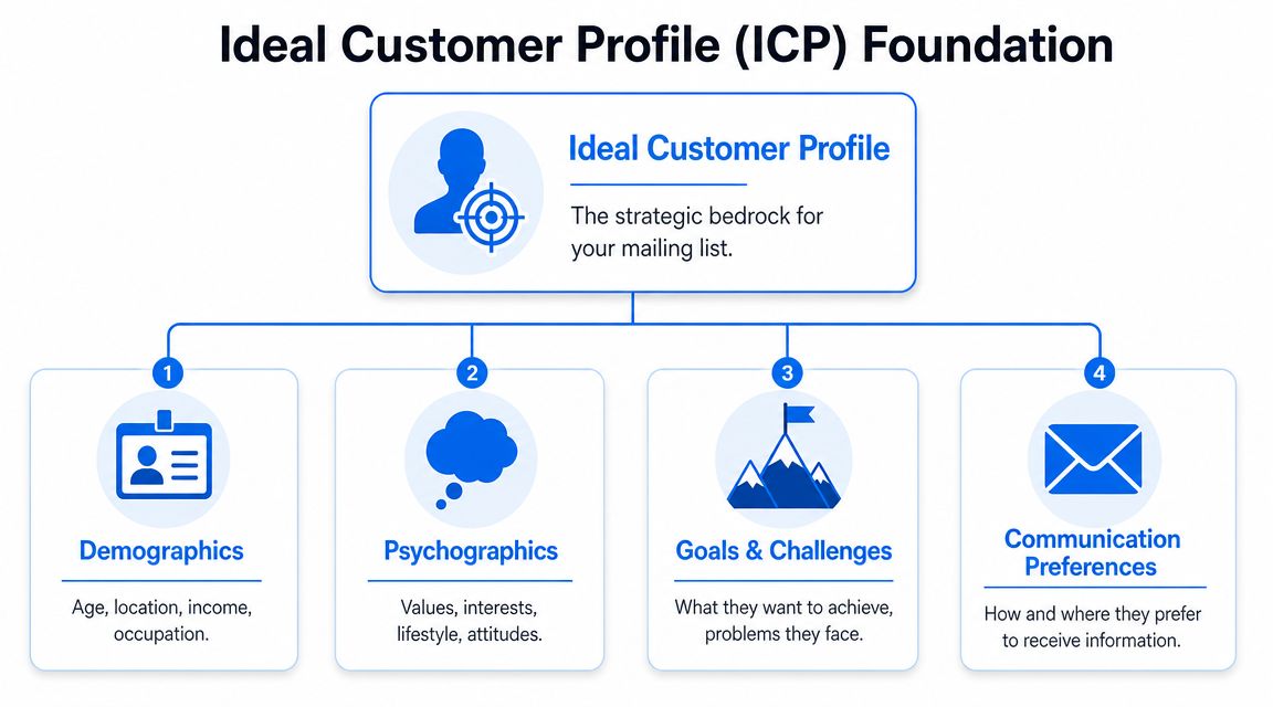 A diagram illustrating the four key components of an Ideal Customer Profile: Demographics, Psychographics, Goals and Challenges.