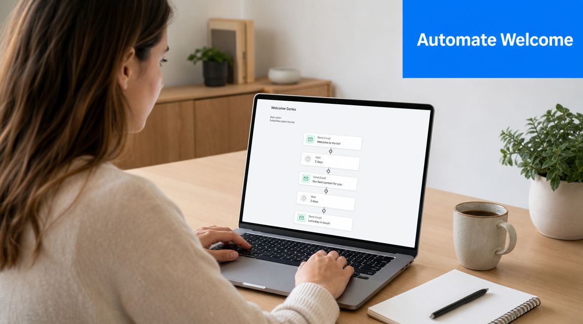 A woman working on a laptop computer displaying an automated email marketing welcome series workflow design.