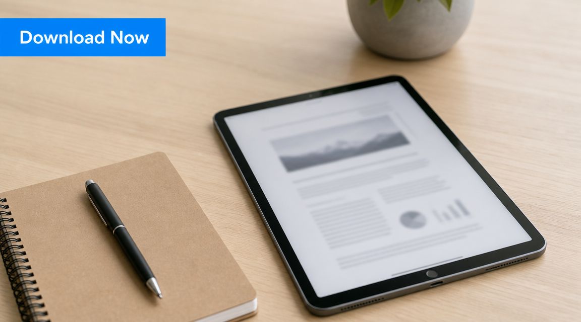 A tablet displaying a document next to a notebook and a pen on a wooden desk.