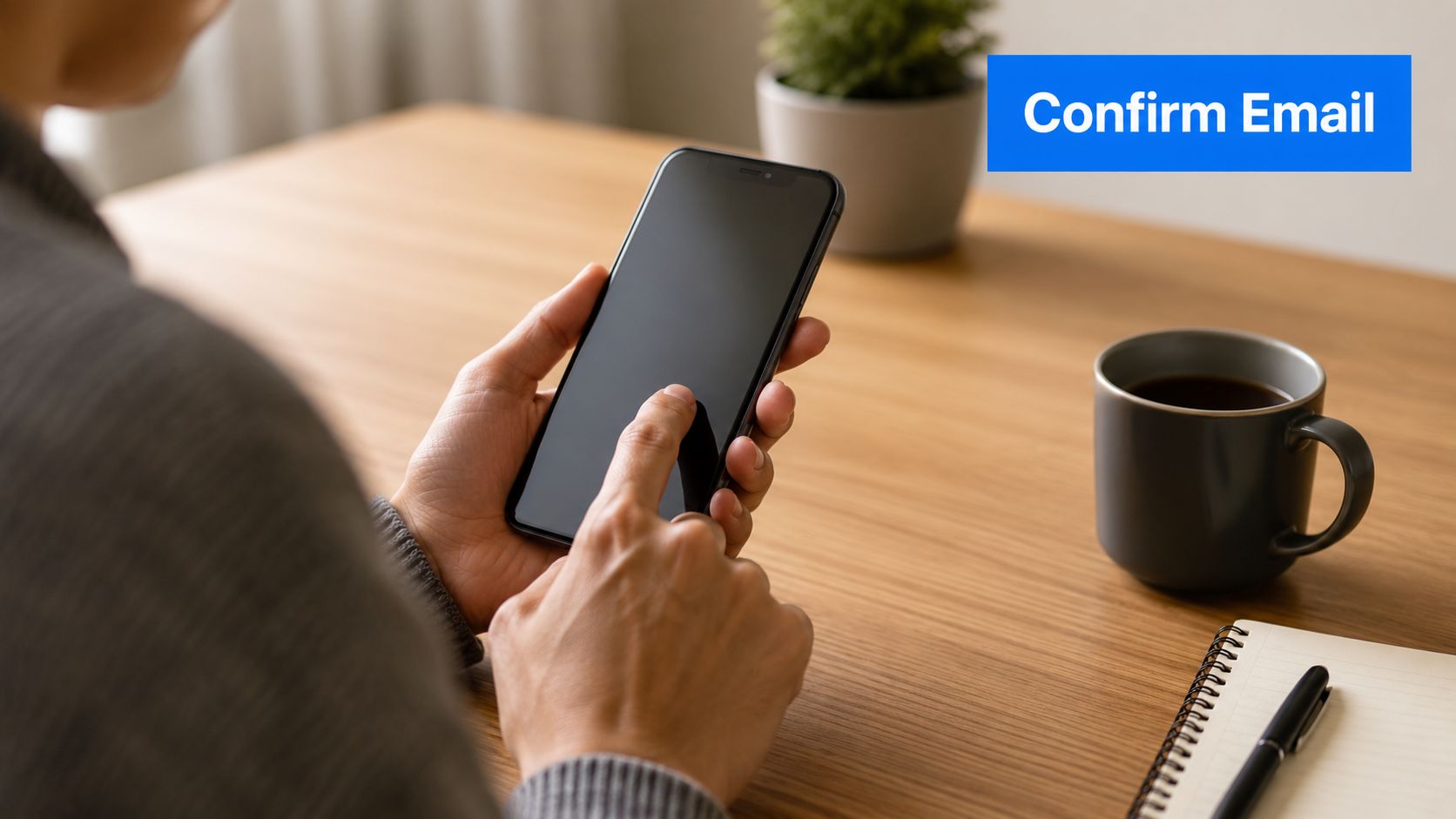 A person sitting at a wooden desk, using a smartphone to confirm email account settings.
