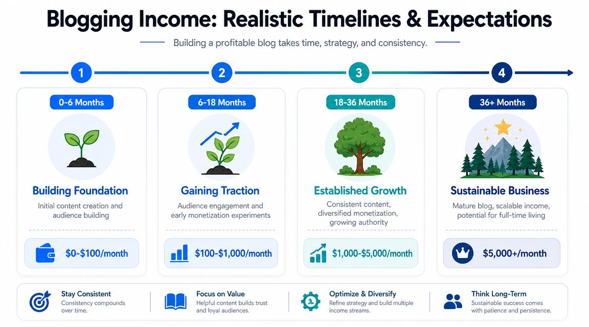 A diagram illustrating the realistic timeline and expected monthly income growth for building a profitable blog business.