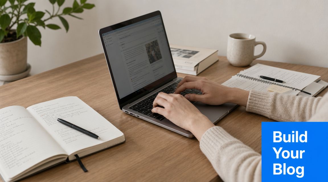 A person writing on a laptop at a wooden desk with notebooks, a coffee mug, and a plant.