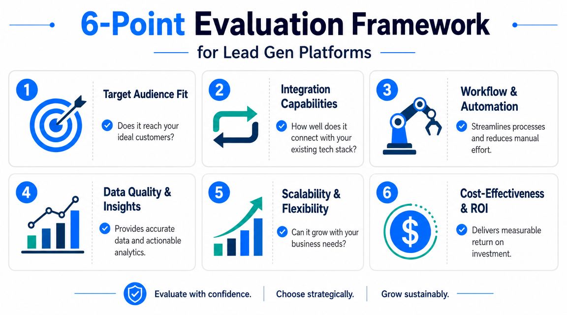 A 6-point evaluation framework for assessing and selecting effective lead generation platforms for business growth.