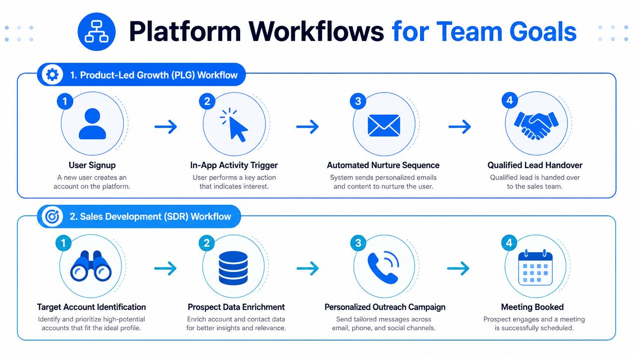A diagram illustrating product-led growth and sales development workflows for B2B lead generation and team success.