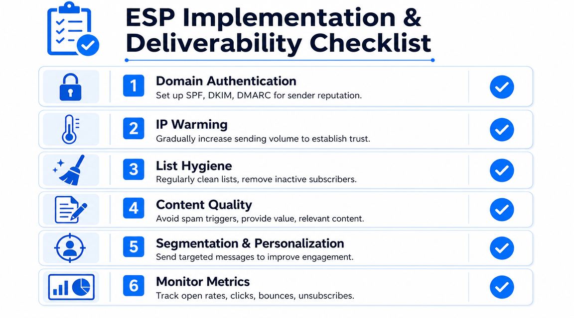 A checklist for ESP implementation and email deliverability featuring six essential steps for improving sender reputation.