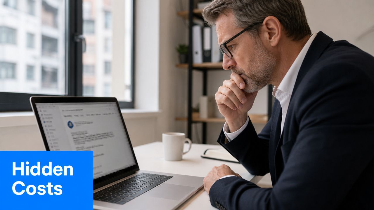 A professional man in a suit looking concerned while reviewing email marketing costs on his laptop screen.