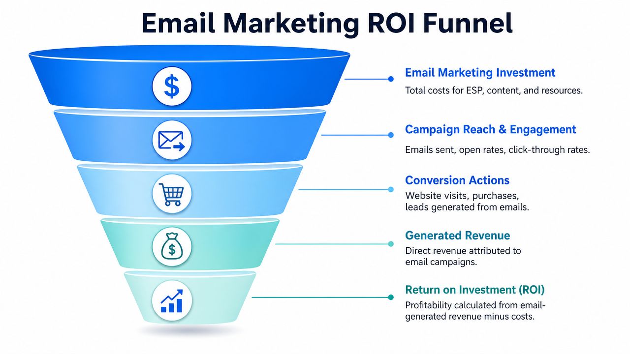 A funnel diagram illustrating the five key stages of measuring email marketing return on investment.