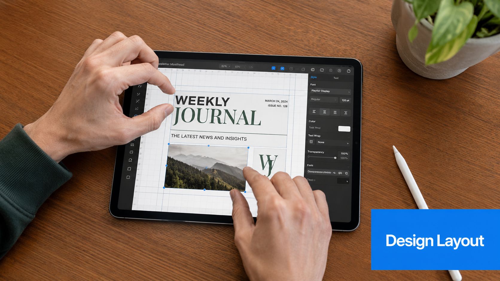 A person editing a newsletter masthead design on an iPad with a stylus on a wooden desk.