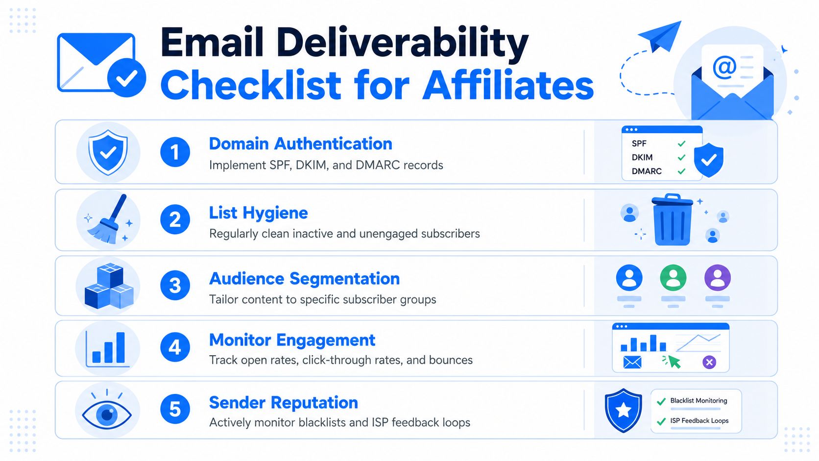 An infographic titled Email Deliverability Checklist for Affiliates outlining five key steps for successful email marketing.