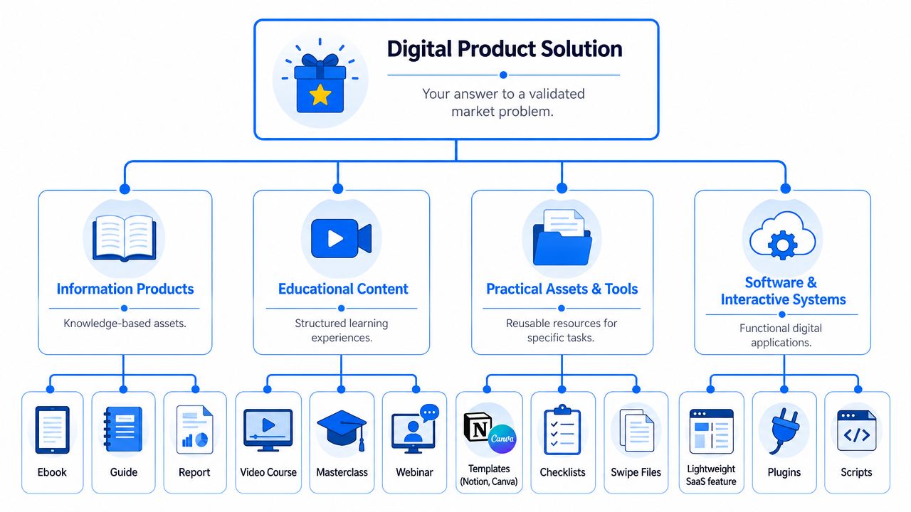 A diagram illustrating the hierarchy and types of digital products available for solving market problems.
