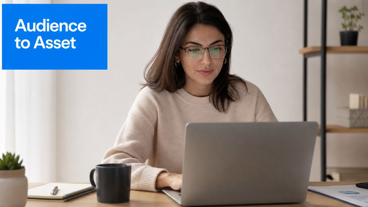 A woman wearing glasses working on a laptop at her desk with a coffee mug nearby.