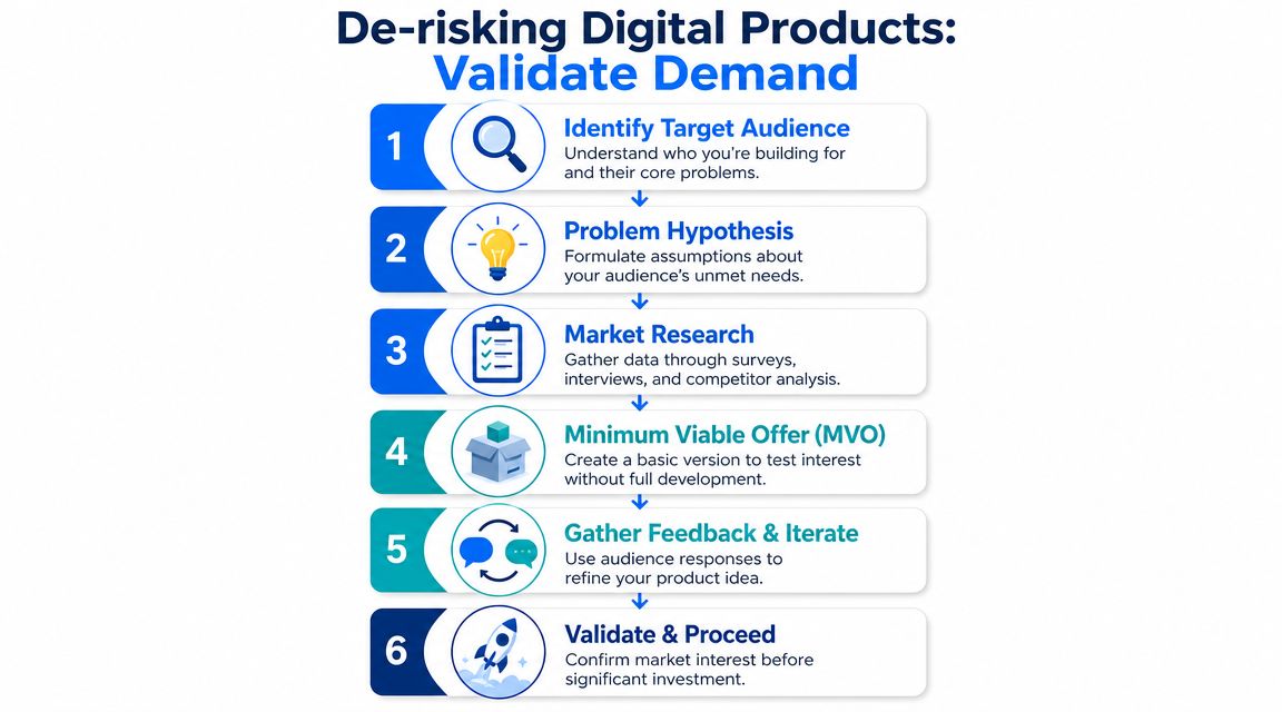 A six-step infographic illustrating a process for de-risking digital products through demand validation and research.
