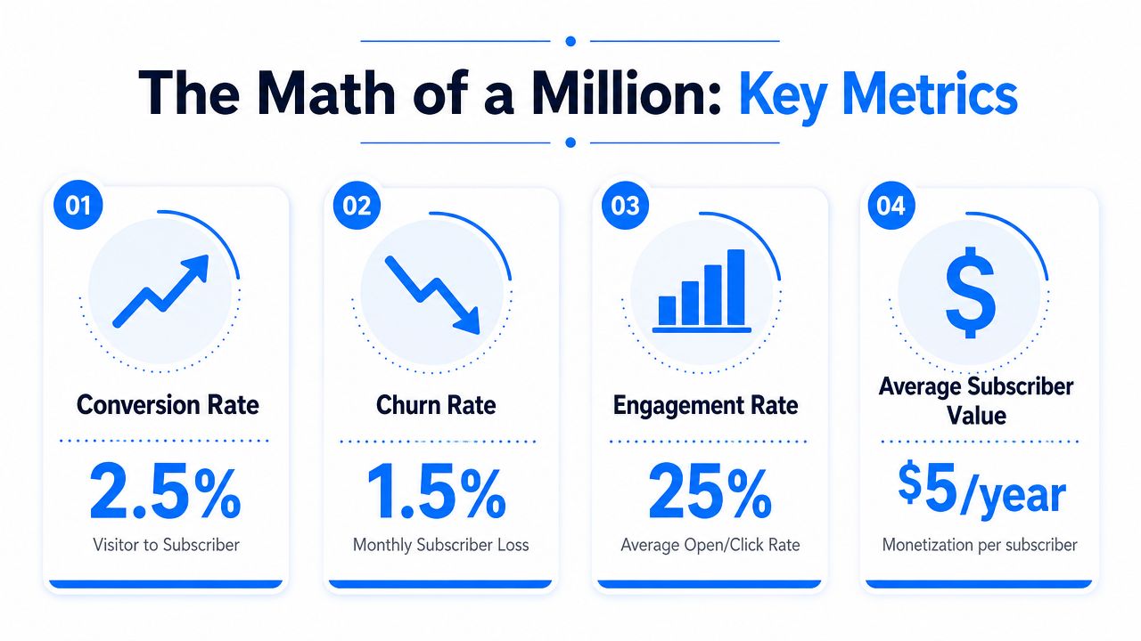 A four-point infographic showing key business metrics for growing to one million subscribers including rates and values.