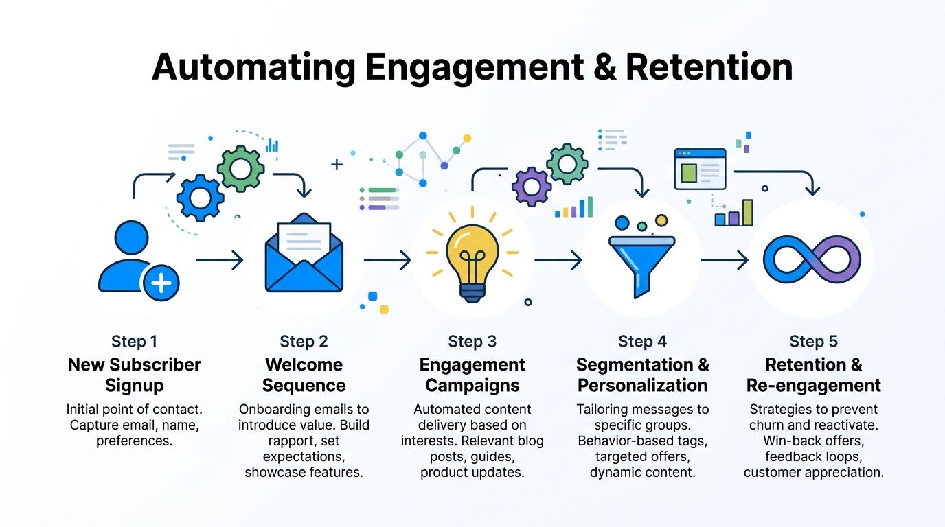 A flowchart showing the five steps of an automated email engagement and customer retention marketing strategy.