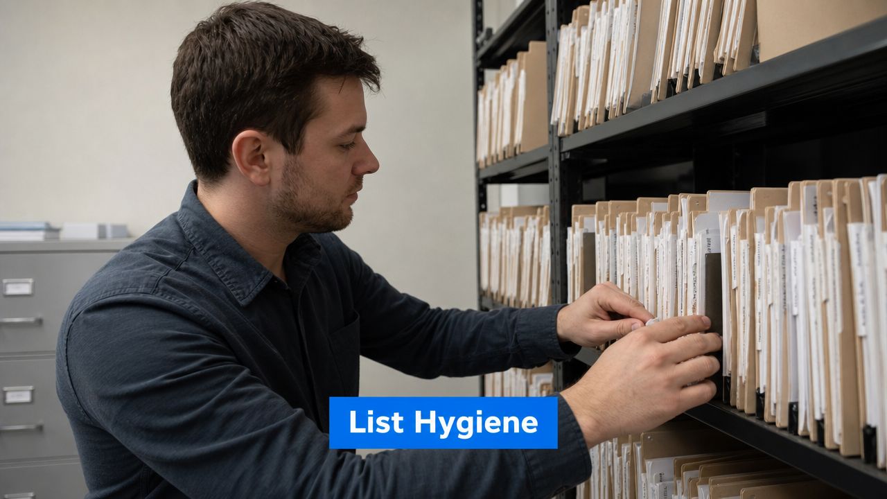 A man in a dark shirt organizing and reviewing files on shelves in a professional archive office.