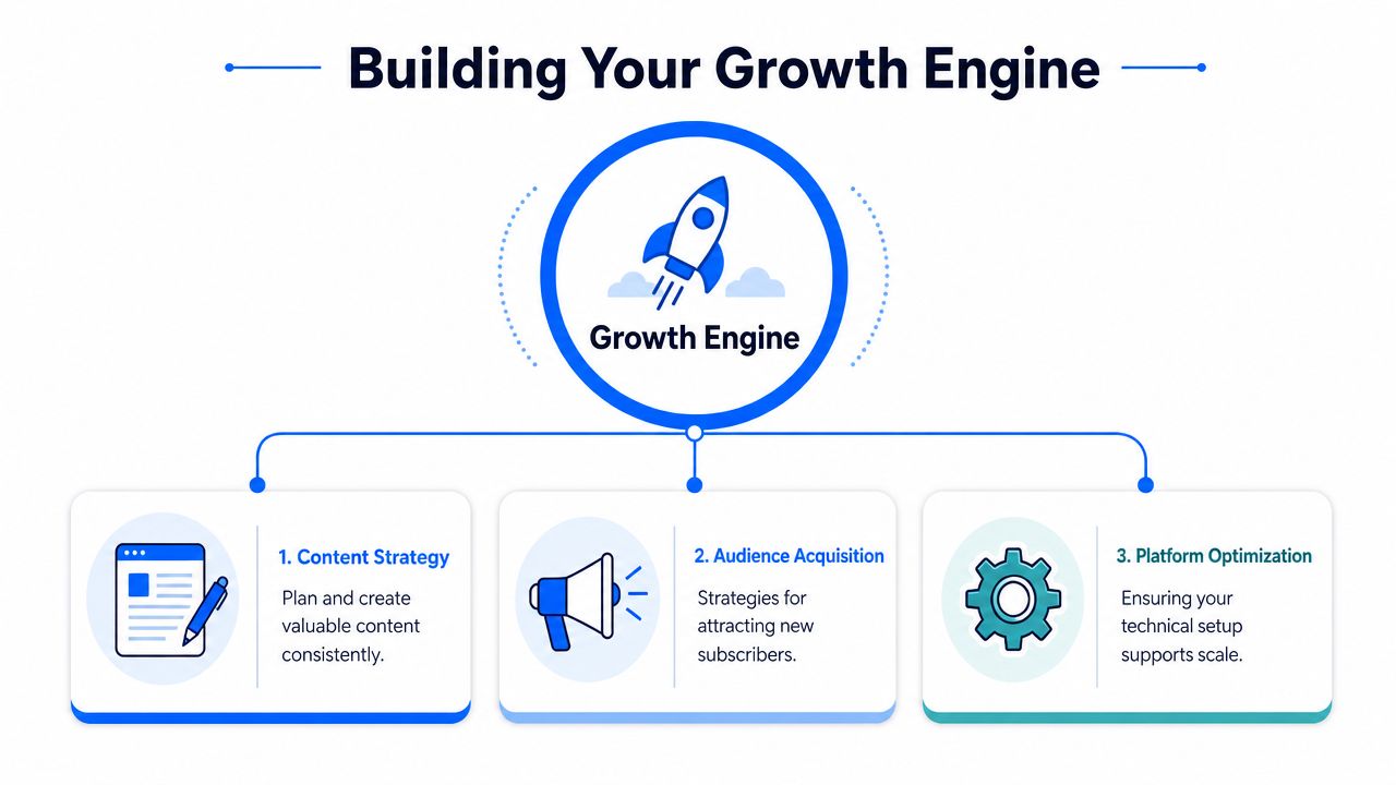 A diagram illustrating a growth engine composed of content strategy, audience acquisition, and platform optimization components.