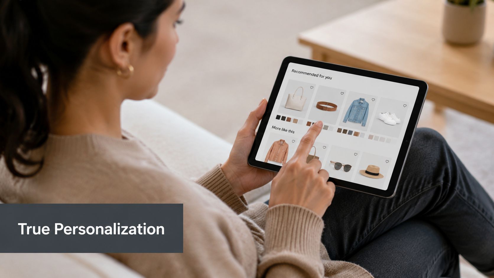 A woman using a tablet to view personalized product recommendations while sitting on a couch at home.