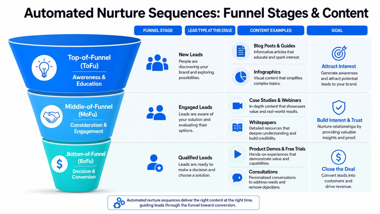 A funnel diagram illustrating content strategy for lead nurturing across top, middle, and bottom funnel stages.